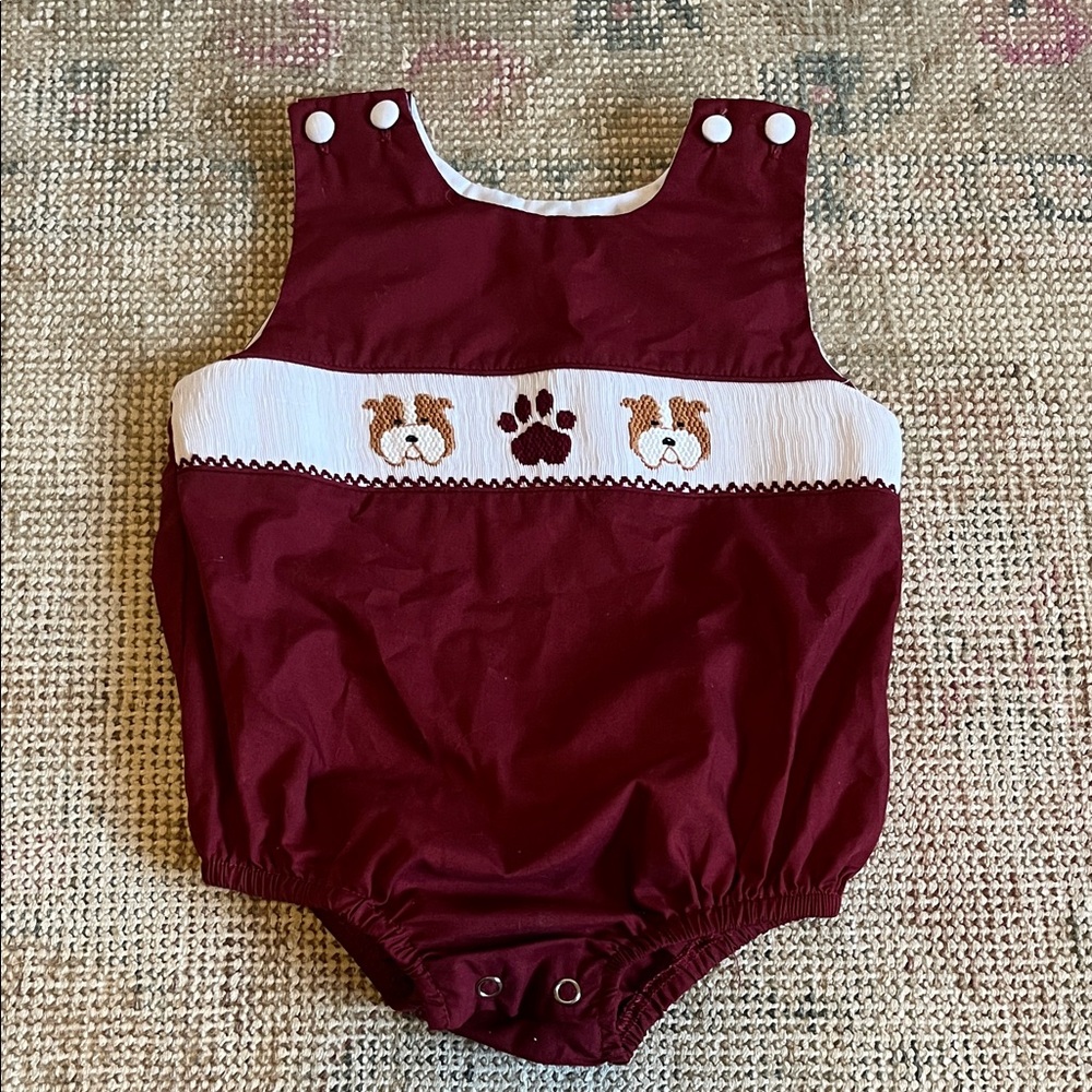 Maroon Bulldog Smocked Baby Romper - size 9 mos